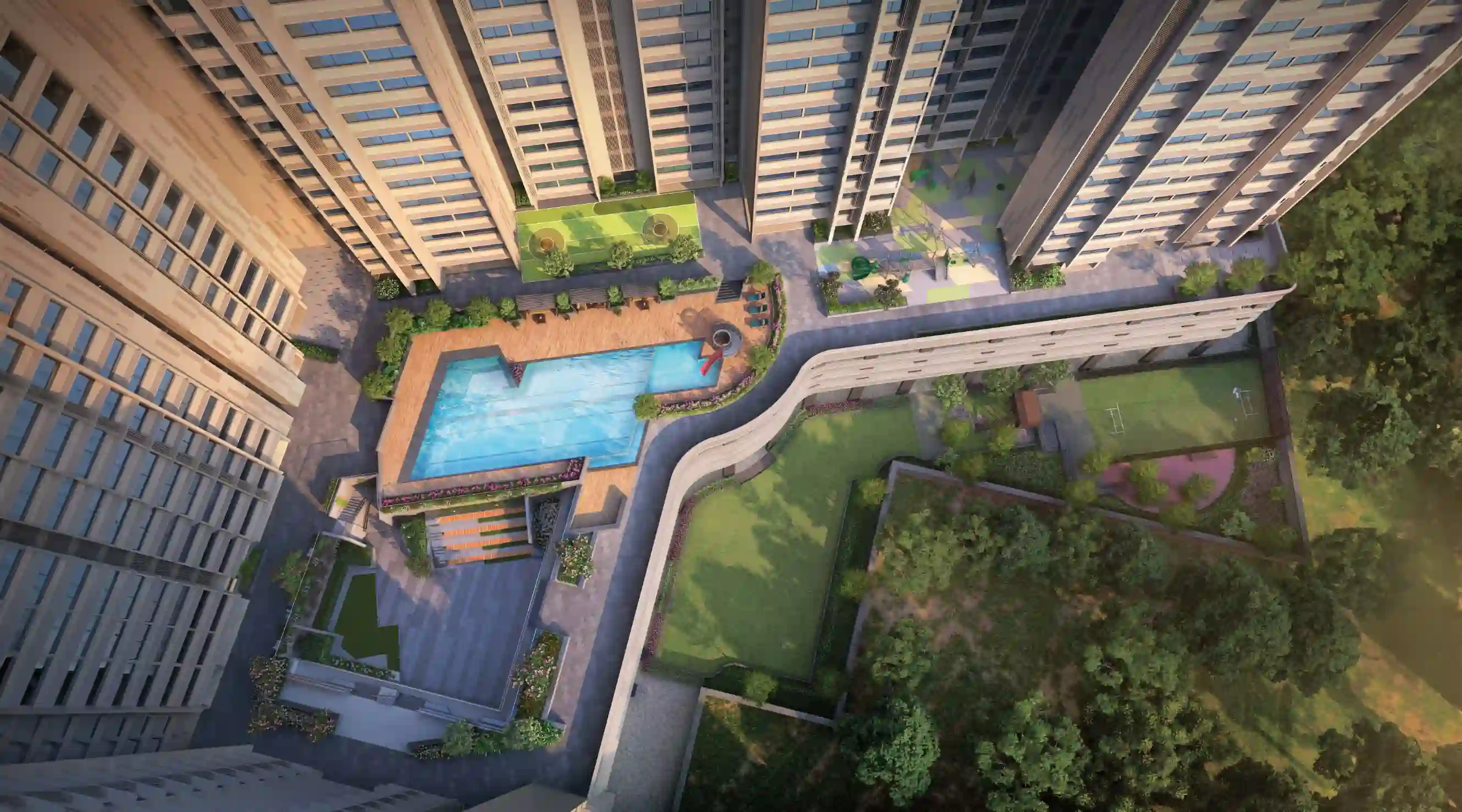 Aerial view of podium deck with swimming pool and garden
