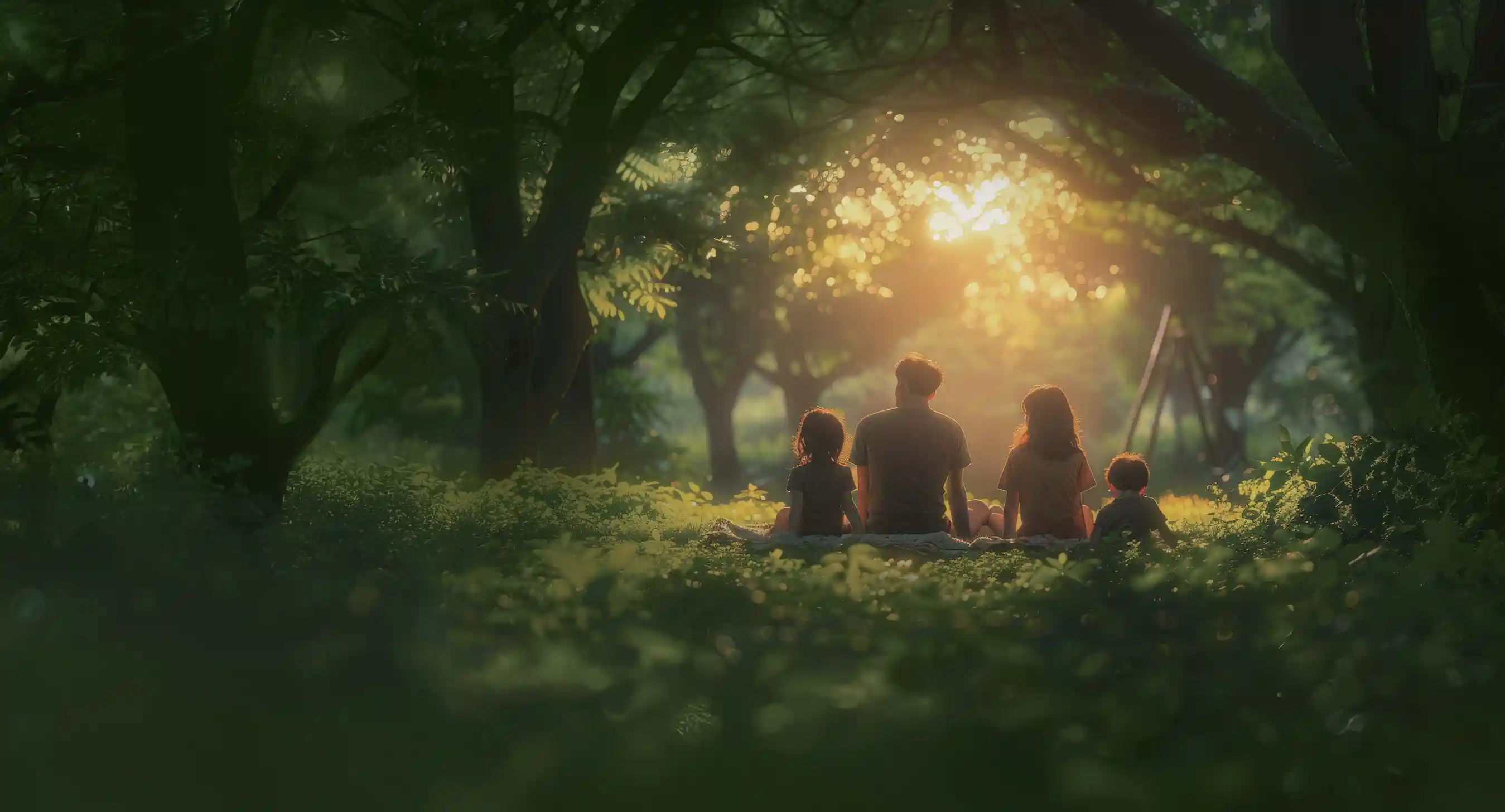 Family relaxing together in a green garden